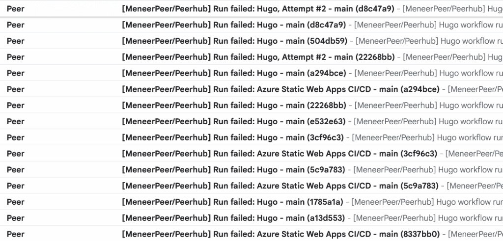 Screenshot: opeenvolgende mislukte workflow-runs (Hugo en Azure Static Web Apps CI/CD) op main